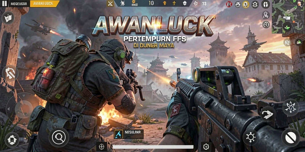 Screenshot AWANLUCK menampilkan aksi tembak-menembak yang intens dan mendebarkan.