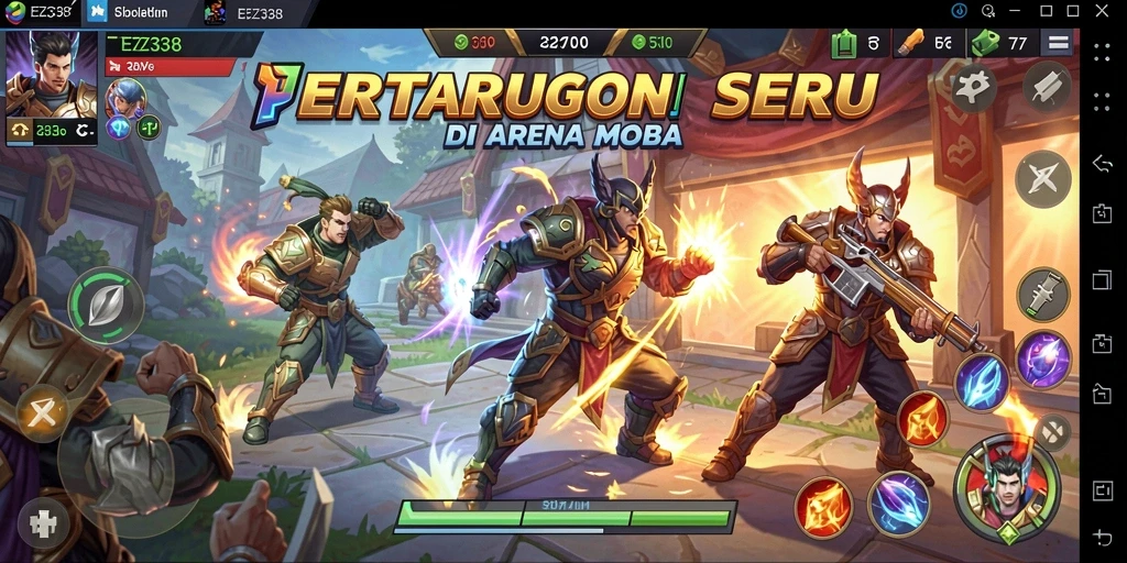 Screenshot gameplay EZ338 menampilkan aksi intens di arena MOBA.