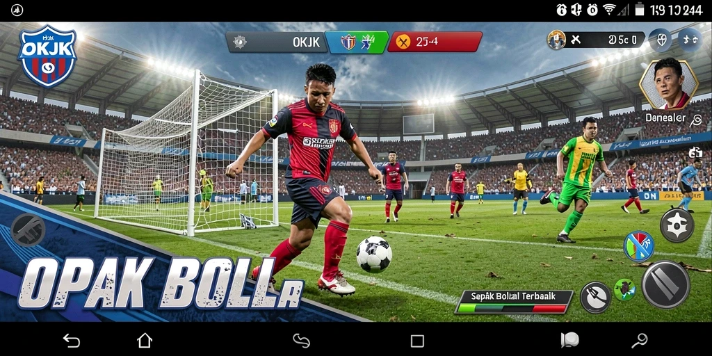 Screenshot menunjukkan aksi seru di lapangan sepak bola dengan <strong>OKJK</strong>.
