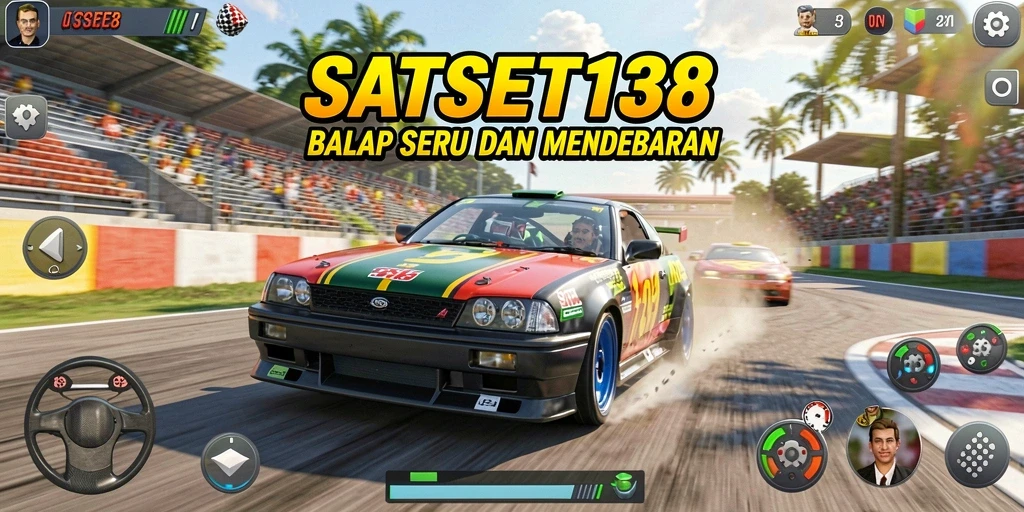 Screenshot gameplay SATSET138 menunjukkan aksi balapan mendebarkan dan kendaraan kustom.