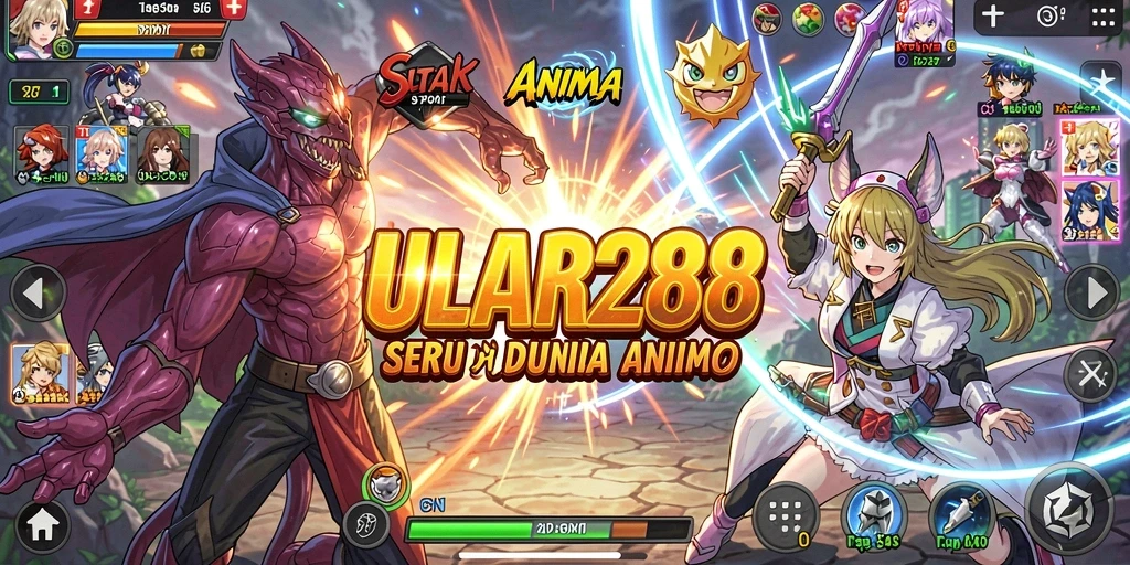 Tampilan gameplay seru dari ULAR288 dengan karakter anime yang berwarna-warni.